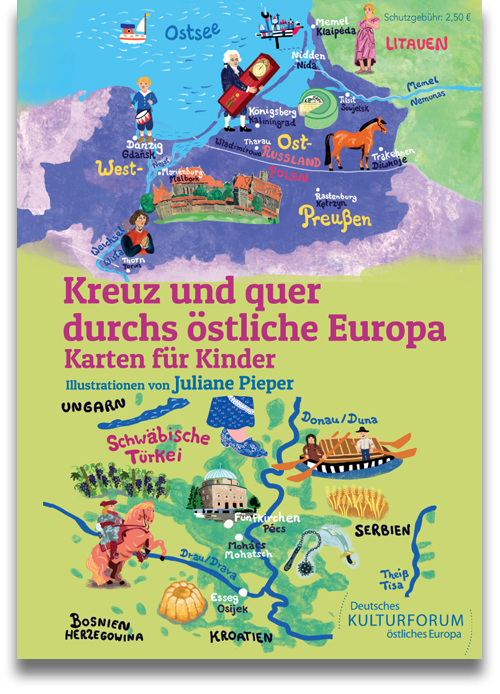 Buchcover: Kreuz und Quer durchs östliche Europa. Karten für Kinder. Mit Illustrationen von Juliane Pieper