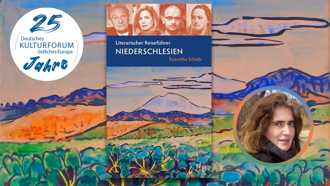  Collage aus Buchcover und Covermotiv im Hintergrund: Karl Schmidt-Rottluff: Blick zum Zobten, 1942 | Portrait Roswitha Schieb | 2016, Aquarell | Foto: privat