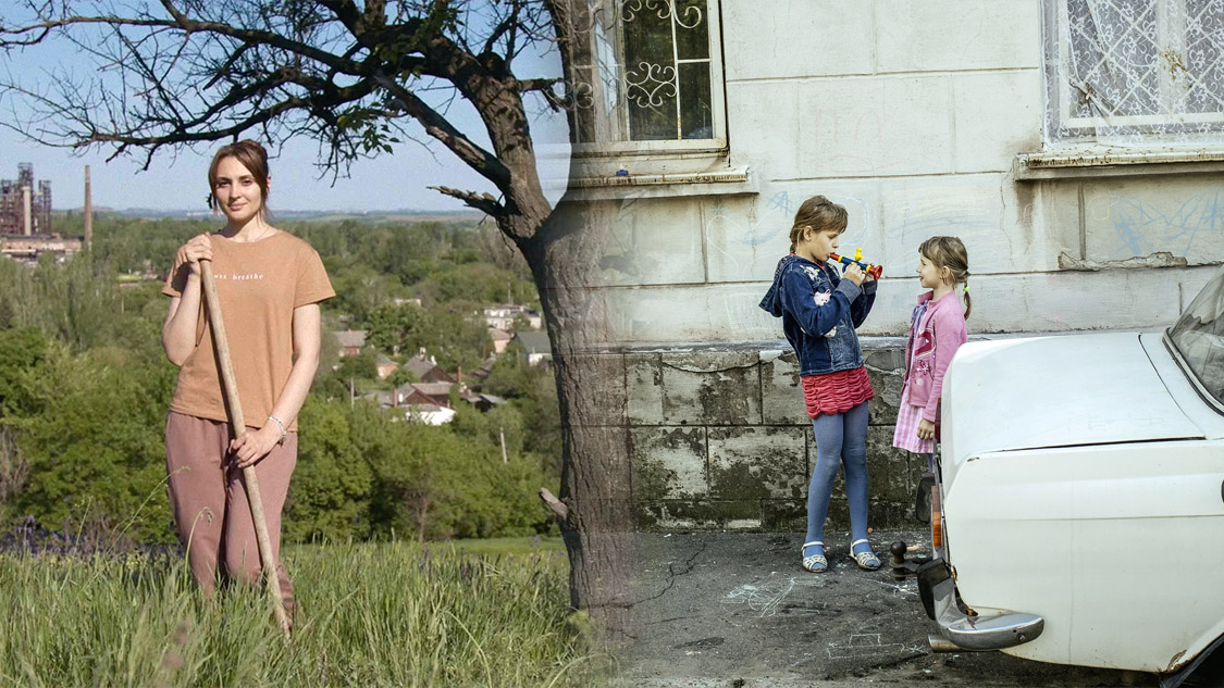 links: Filmstill aus Yevrodonbas/Eurodonbas Filmstill: Kornii Hrytsiuk, Foto rechts: © Florian Bachmeier