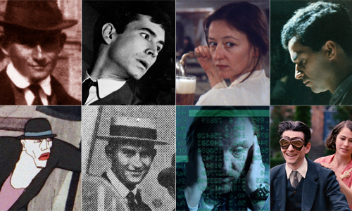 Collage mit Filmstandbildern aus den Filmen (oben von links): »Im Traum hinzugefügt – Franz Kafka in Berlin«, »Der Prozeß«, »Das Schloß« und »Amerika« | (unten von links:) »Kafkas Traum«, »Franz Kafka – známý neznámý«, »Kafkas Der Bau« und »Die Herrlichkeit des Lebens« (Ausschnitte)