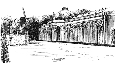 Adolph Menzel, Terrasse von Sanssouci, 1840/1842, Holzschnitt. Abbildung aus Franz Kugler: Geschichte Friedrichs des Großen. Gezeichnet von Adolph Menzel. Leipzig, Nachdruck der Ausgabe von 1840, S.608