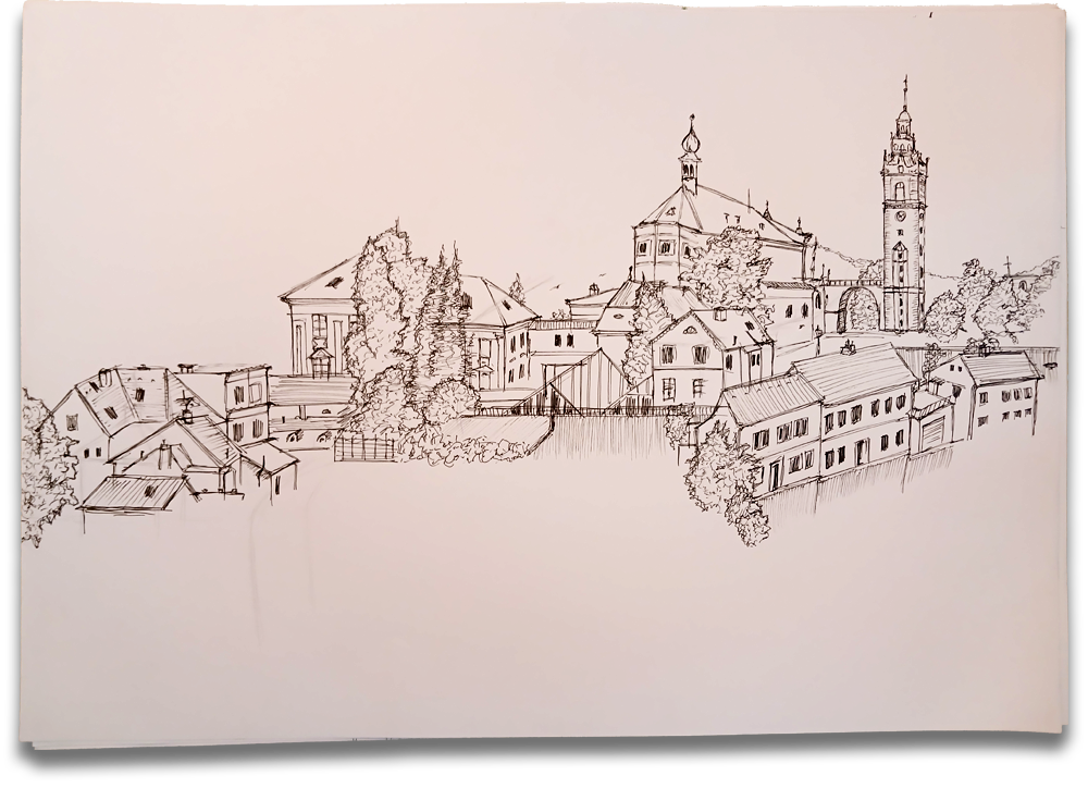 Blick auf Leitmeritz/Litoměřice und die Kathedrale St. Stephan von der Stadtmauer aus. Zeichnung: Yara Klingbeil