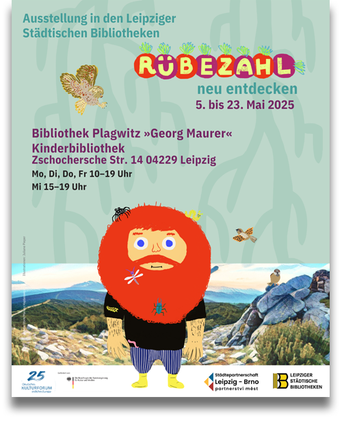 Plakat: 5. bis 23. Mai 2025, Leipzig, Bibliothek Plagwitz »Georg Maurer« – Kinderbibliothek: Rübezahl-Ausstellung Plakat: 5. bis 23. Mai 2025, Leipzig, Bibliothek Plagwitz »Georg Maurer« – Kinderbibliothek: Rübezahl-Ausstellung
