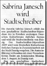 PNN, 29.07.2009: Sabrina Janesch wird Stadtschreiber (Ausriss) PNN, 29.07.2009: Sabrina Janesch wird Stadtschreiber (Ausriss)
