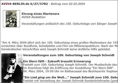 Screenshot: Ehrung eines Startenors, aus: aviva-berlin.de, 2. März 2004 Screenshot: Ehrung eines Startenors, aus: aviva-berlin.de, 2. März 2004