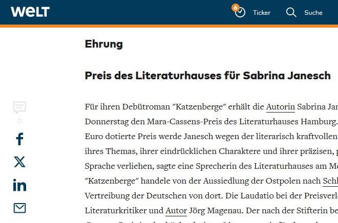 Die Welt online, 04.01.2011: Preis des Literaturhauses für Sabrina Janesch (Ausschnitt) Die Welt online, 04.01.2011: Preis des Literaturhauses für Sabrina Janesch (Ausschnitt)