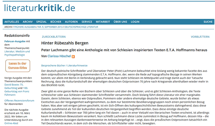 Screenshot: literaturkritik.de, 28.08.2013: Hinter Rübezahls Bergen. Peter Lachmann gibt eine Anthologie mit von Schlesien inspirierten Texten E.T.A. Hoffmanns heraus Screenshot: literaturkritik.de, 28.08.2013: Hinter Rübezahls Bergen. Peter Lachmann gibt eine Anthologie mit von Schlesien inspirierten Texten E.T.A. Hoffmanns heraus