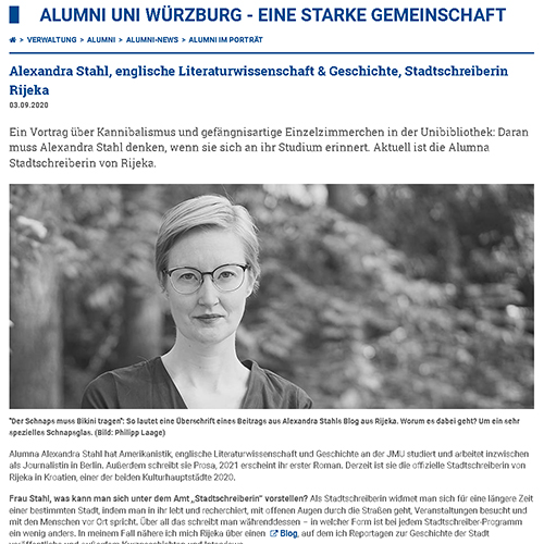 Screenshot des Artikels »Alexandra Stahl, englische Literaturwissenschaft & Geschichte, Stadtschreiberin Rijeka« vom Alumni Portal der Universität Würzburg Screenshot des Artikels »Alexandra Stahl, englische Literaturwissenschaft & Geschichte, Stadtschreiberin Rijeka« vom Alumni Portal der Universität Würzburg