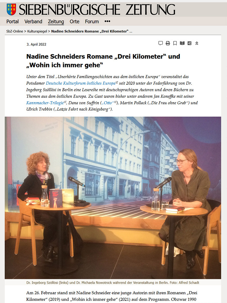 Screenshot: Siebenbürgische Zeitung, 03.04.2022: Nadine Schneiders Romane »Drei Kilometer« und »Wohin ich immer gehe« Screenshot: Siebenbürgische Zeitung, 03.04.2022: Nadine Schneiders Romane »Drei Kilometer« und »Wohin ich immer gehe«