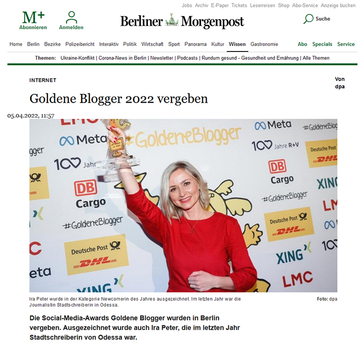 Screenshot: Berliner Morgenpost, 05.04.2022: Goldene Blogger 2022 vergeben Screenshot: Berliner Morgenpost, 05.04.2022: Goldene Blogger 2022 vergeben
