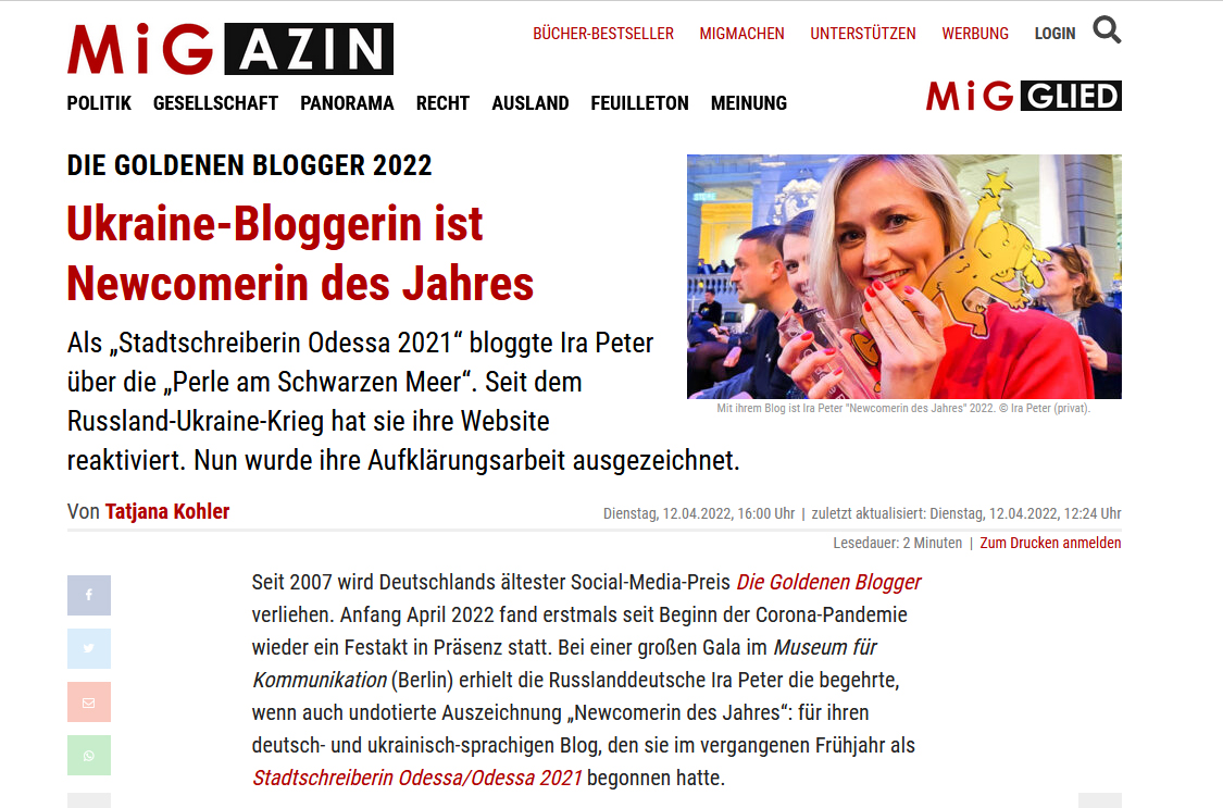 MiGAZIN, 12.04.2022: Ukraine-Bloggerin ist Newcomerin des Jahres