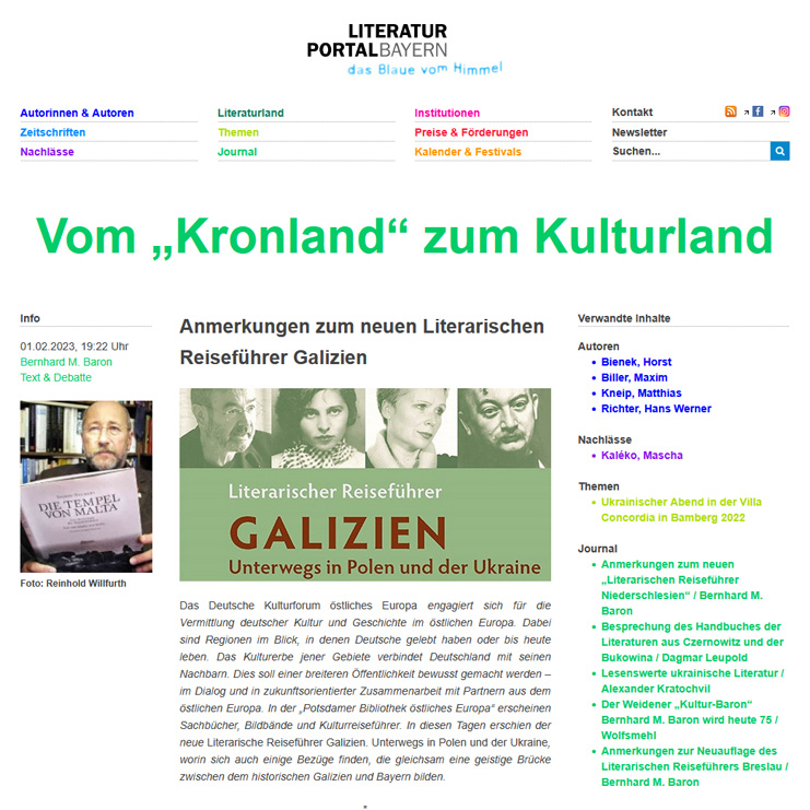 Screenshot – Literaturportal Bayern, 01.02.2023: »Vom Kronland zum Kulturland«. Anmerkungen zum neuen »Literarischen Reiseführer Galizien«