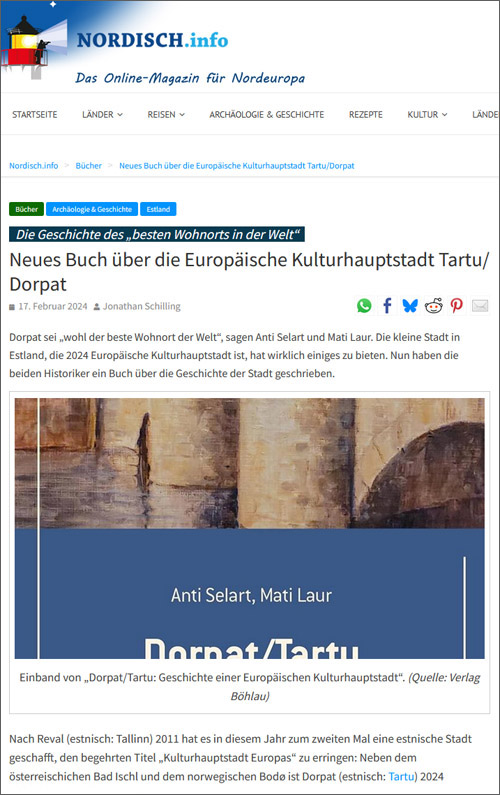 Screenshot: 17.02.2024, www.nordisch.info: Neues Buch über die Europäische Kulturhauptstadt Tartu/Dorpat 