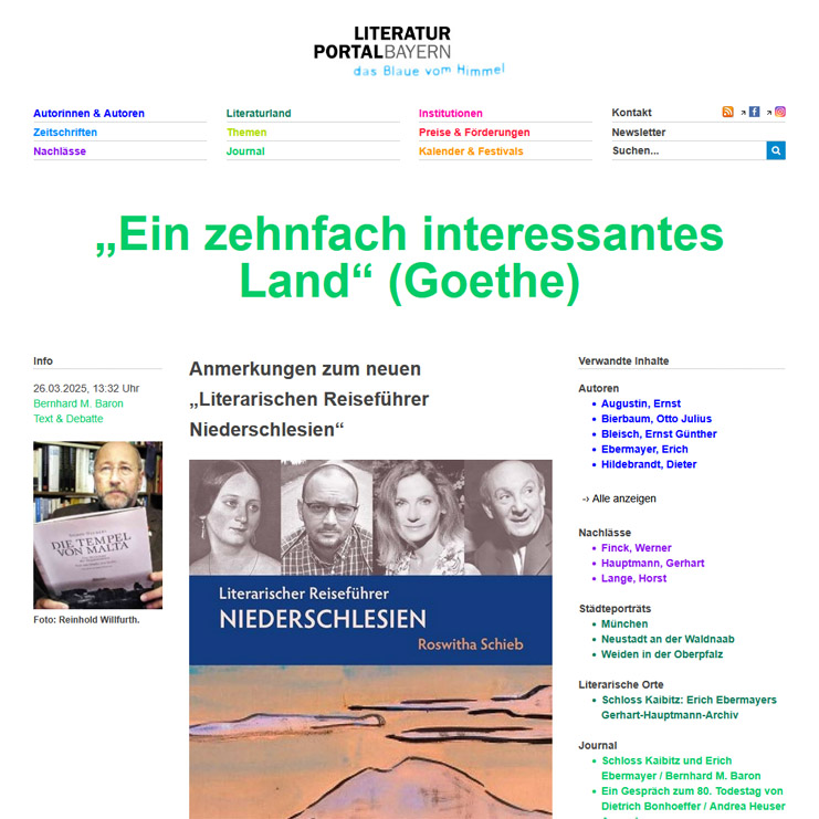 Screenshot – Literaturportal Bayern, 26.03.2025: »Ein zehnfach interessantes Land« (Goethe). Anmerkungen zum neuen »Literarischen Reiseführer Niederschlesien« Screenshot – Literaturportal Bayern, 26.03.2025: »Ein zehnfach interessantes Land« (Goethe). Anmerkungen zum neuen »Literarischen Reiseführer Niederschlesien«