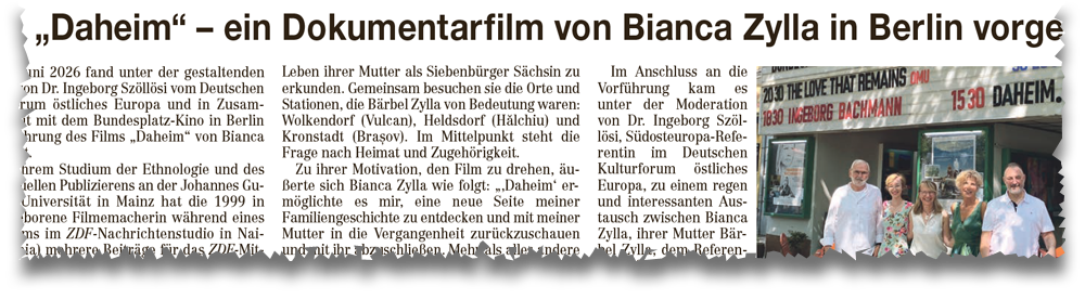 Zeitungsausriss: Siebenbürgische Zeitung, 07.07.2026: »Daheim« – ein Dokumentarfilm von Bianca Zylla in Berlin vorgeführt