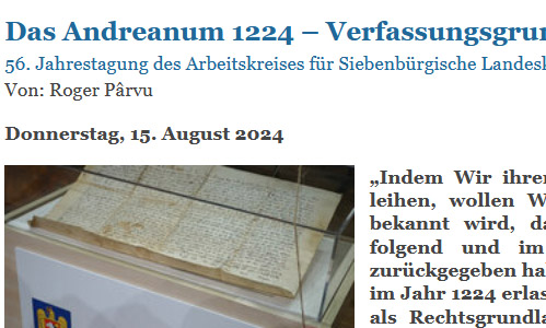 Allgemeine Deutsche Zeitung für Rumänien, 15.08.2024: Das Andreanum 1224 – Verfassungsgrundlage der Sächsischen Nation (Ausschnitt)