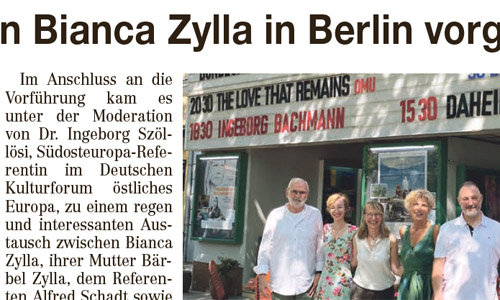 Zeitungsausriss: Siebenbürgische Zeitung, 07.07.2026: »Daheim« – ein Dokumentarfilm von Bianca Zylla in Berlin vorgeführt